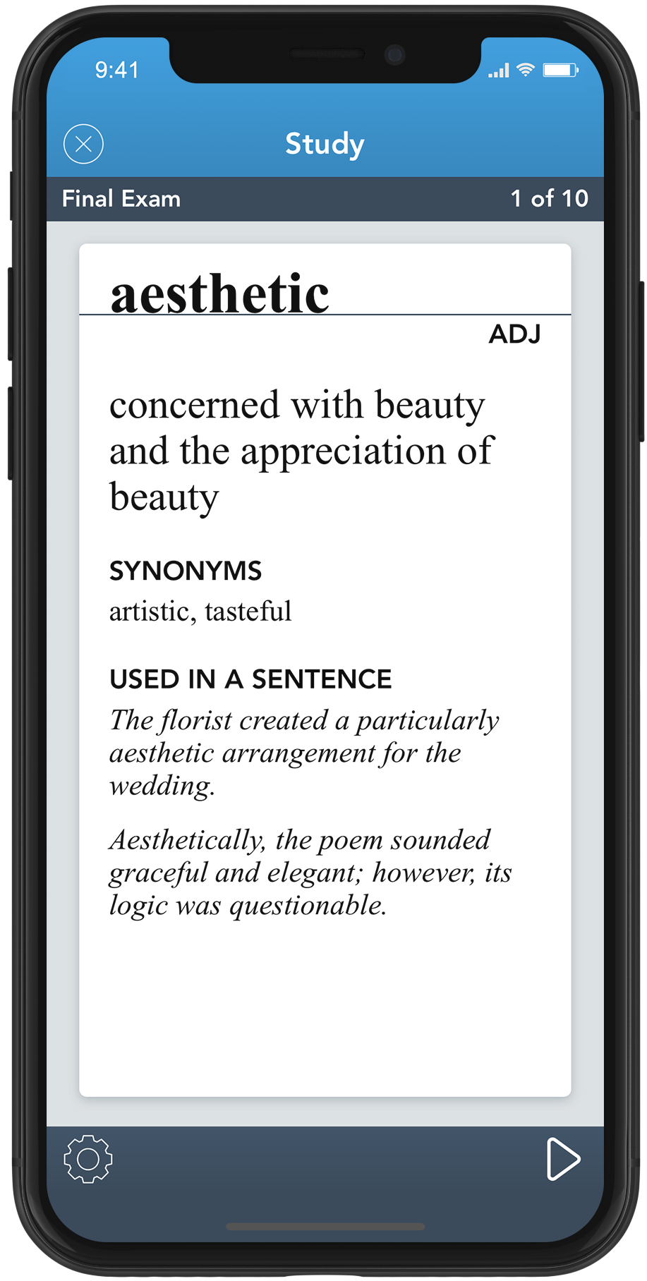 Study a vocabulary card with a definition, synonyms, and an example sentence