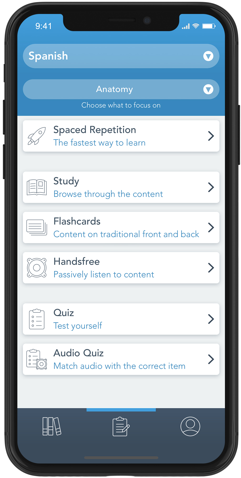 The AccelaStudy Infinite activity menu